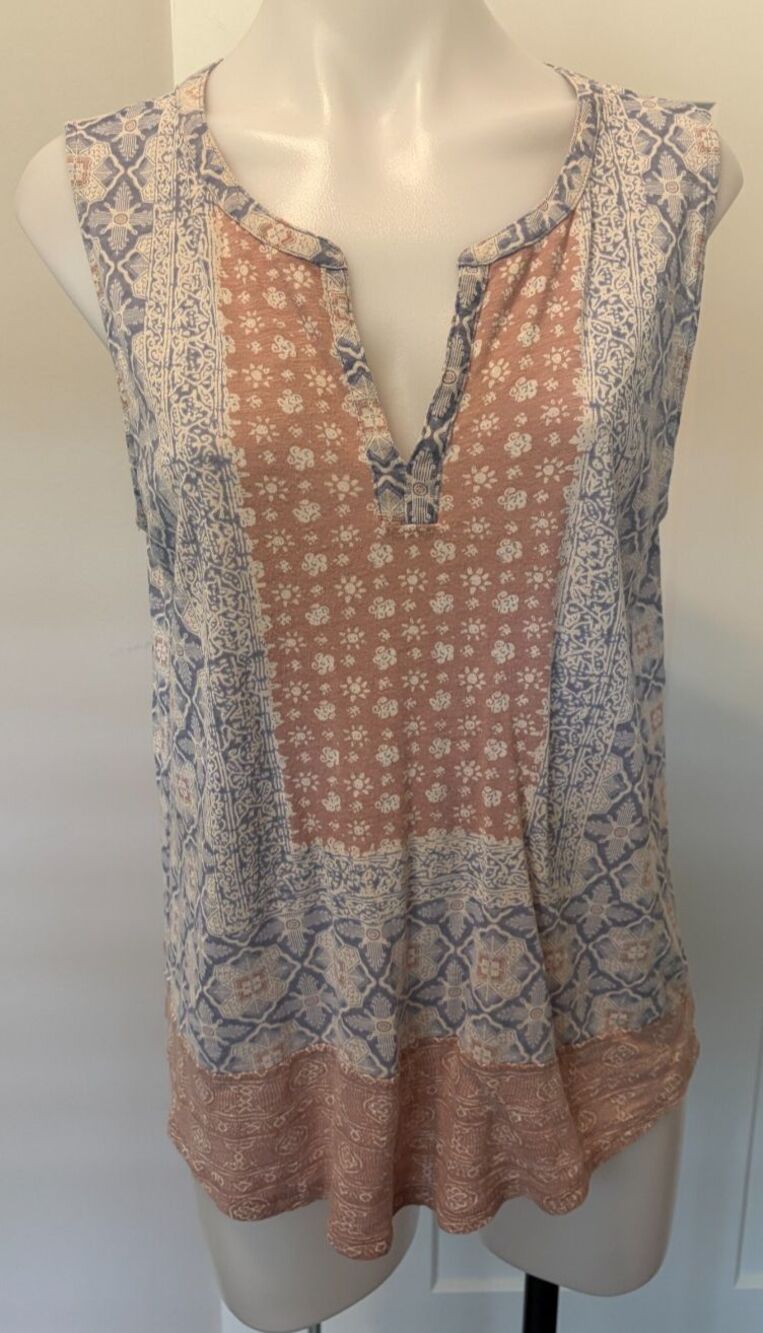 Lucky Brand Womens Knit TOP Sleeveless Pink Blue White Floral Size L